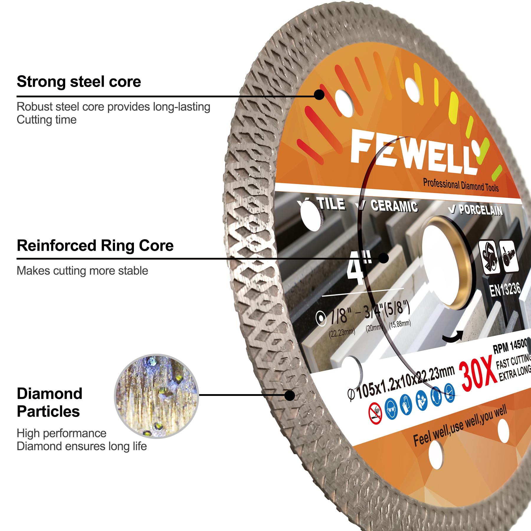 FEWELL 4.5 inch disc Super Thin 1.2mm Diamond Saw Blade, X-Teeth Diamond Dry/Wet Cutting Wheel Blade for Porcelain, Tile and Ceramic (1-Pack)