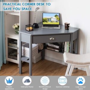 LDAILY Small Corner Desk, Triangle Makeup Vanity Desk for Small Space, Compact Writing Desk with Storage Shelves & Drawer, Space Saving Corner Computer Desk for Bedroom, Home Office