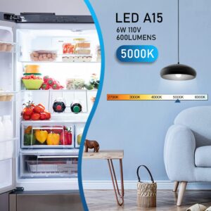 hansang Refrigerator Light Bulb E26 Base, 60Watt Equivalent, 5000K Daylight, Watreproof Appliance Fridge Bulbs, A15 LED Small Light Bulb Frigidaire Freezer Bulbs, 120V, 600LM, 2 Pack, Non-Dimmable