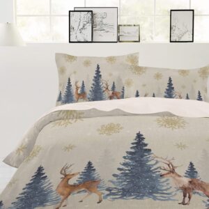 Christmas Elk Duvet Cover Set 3 Pieces with Zipper Closure, Navy Blue Ombre Xmas Tree Bedding Sets 1 Duvet Cover & 2 Pillow Cases, Deer Winter Snowflake Comforter Cover Set Duvet Cover California King