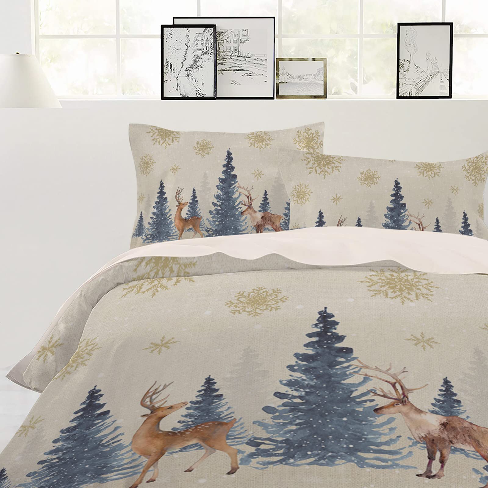 Christmas Elk Duvet Cover Set 3 Pieces with Zipper Closure, Navy Blue Ombre Xmas Tree Bedding Sets 1 Duvet Cover & 2 Pillow Cases, Deer Winter Snowflake Comforter Cover Set Duvet Cover California King