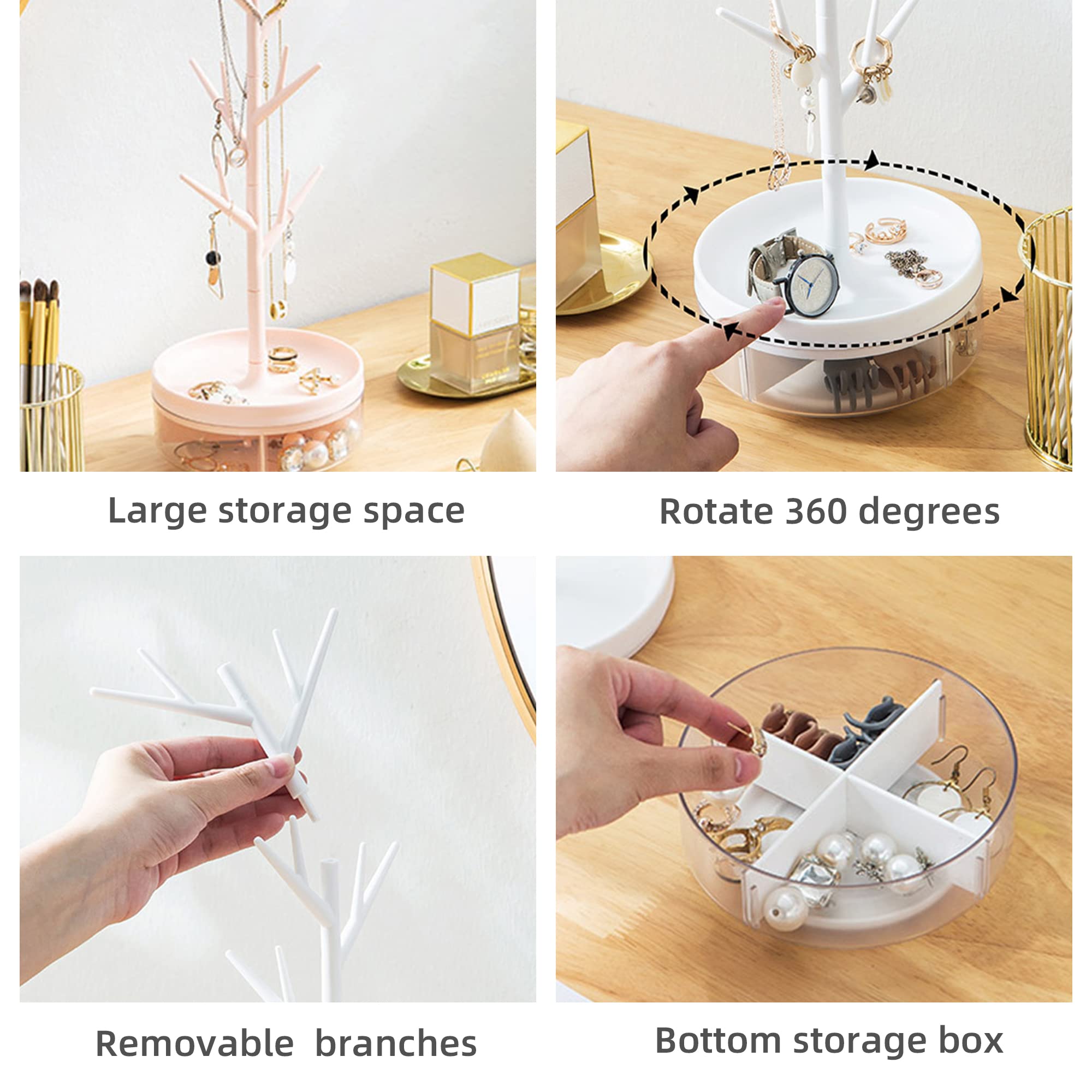 Half Room Branch Jewelry Rack With Rotatable Base and Storage Box Tree Tower Rack Hanging Organizer for Ring Earrings Necklace Bracelet,Suitable for living rooms, bathrooms,offices,etc.