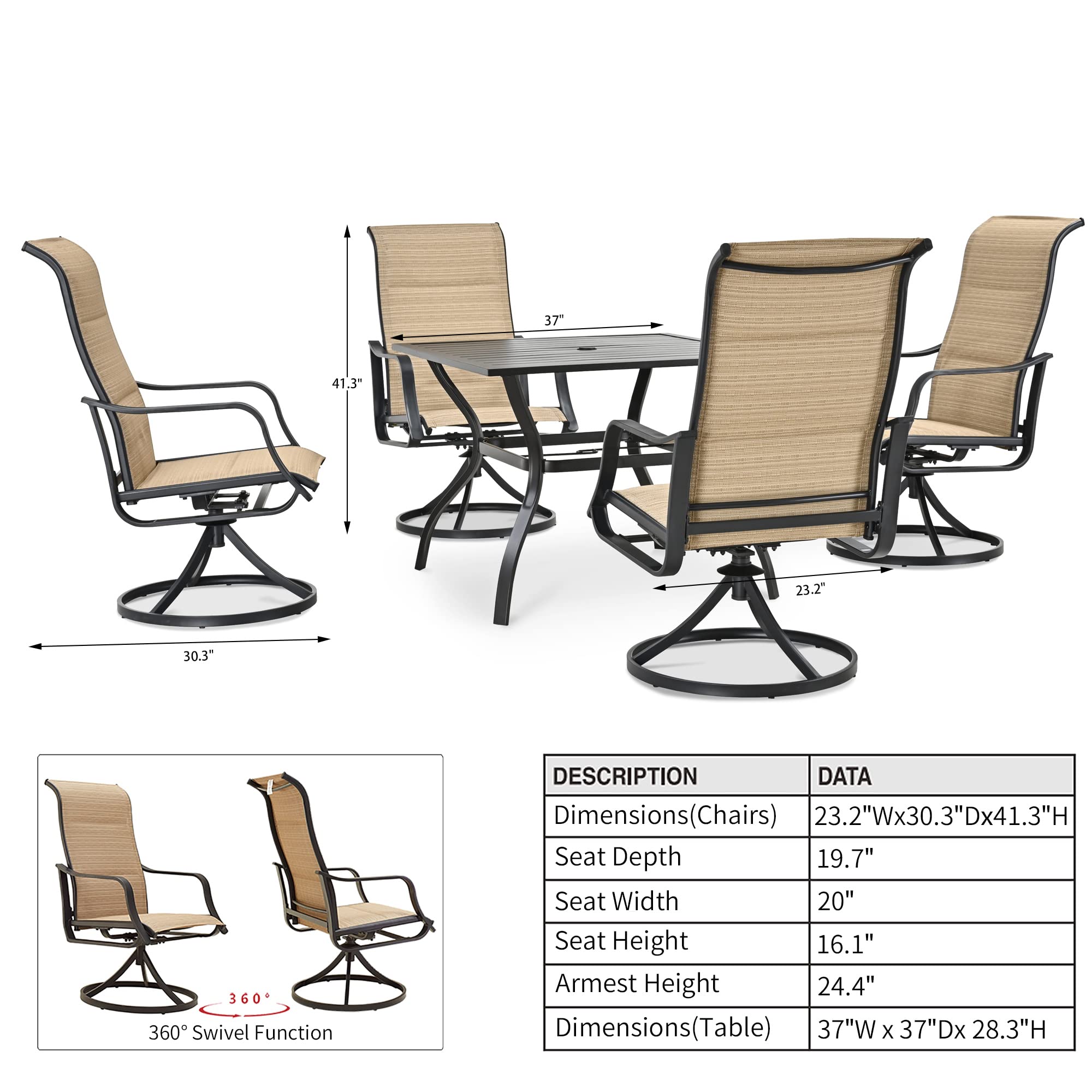 PatioFestival Patio Dining Set 5 Pieces Metal Outdoor Furniture Sets Outside Square Table Swivel Rocker Chairs with All Weather Frame (Beige)