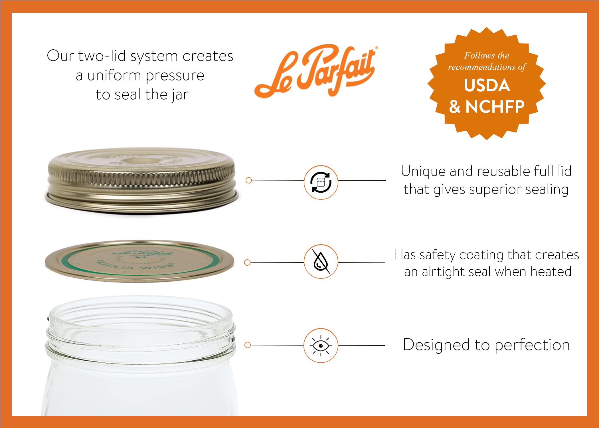 Le Parfait Familia Wiss Terrine Wide Mouth French Glass Jar w/Airtight 2-Piece System Gold Lids | Ideal for Food Storage, Canning, Meal Prep, Cake Jar & DIY Crafts | 24oz Pint/Half (Pack of 6) 750ml