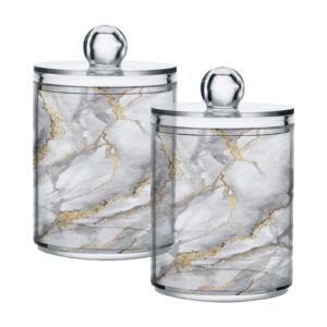 boenle 2 pack qtip holder dispenser white grey marble bathroom storage canister lid acrylic plastic apothecary jar set vanity makeup organizer for cotton swab/ball/round pads, floss