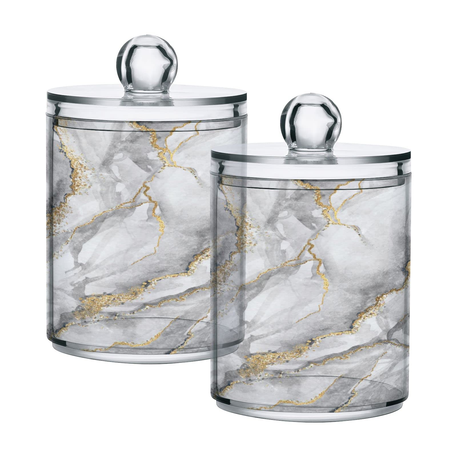 BOENLE 2 Pack Qtip Holder Dispenser White Grey Marble Bathroom Storage Canister Lid Acrylic Plastic Apothecary Jar Set Vanity Makeup Organizer for Cotton Swab/Ball/Round Pads, Floss