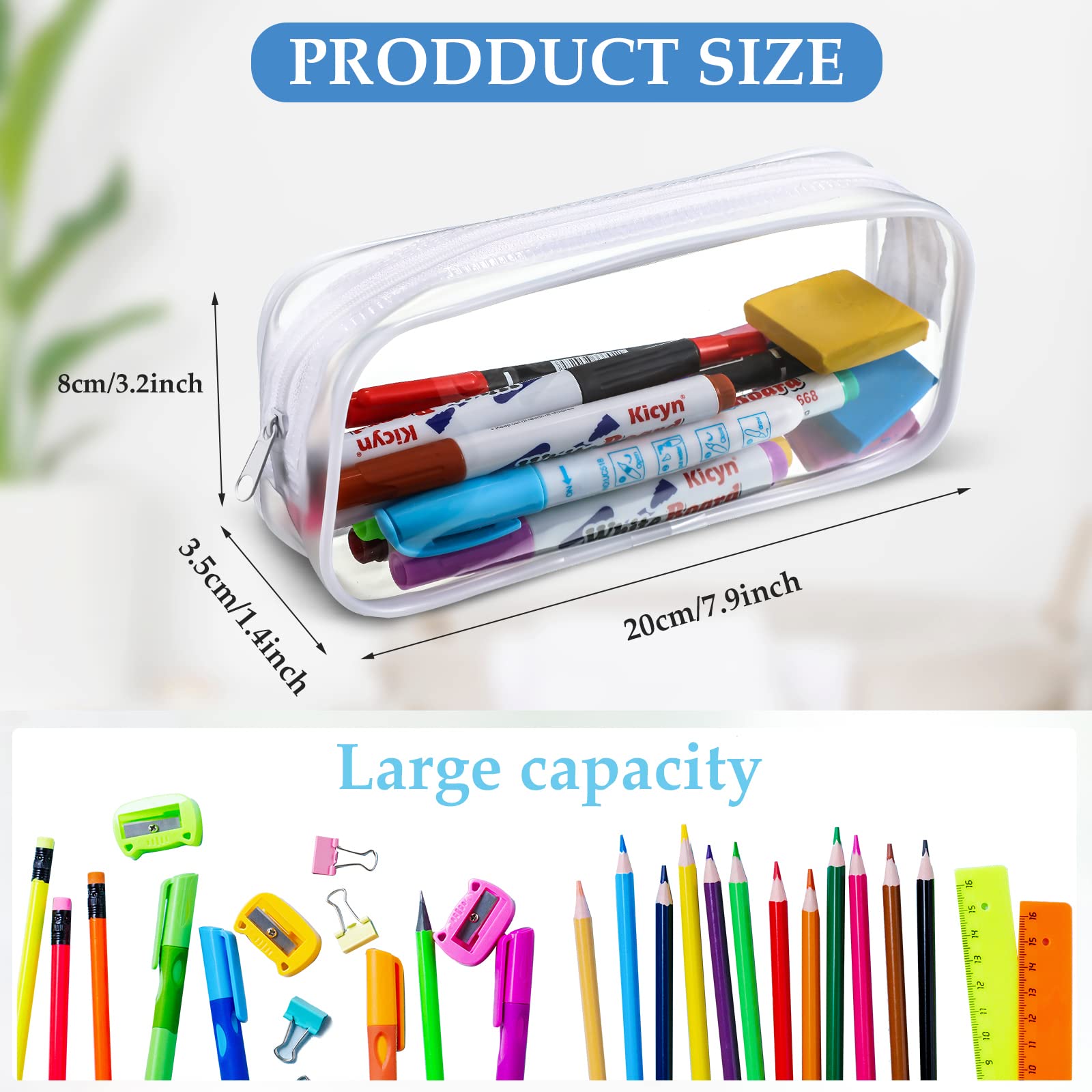 Cindeer 12 Pcs Clear PVC Pencil Bags with Zipper Pencil Pouch Clear Pencil Box Travel Toiletries Bag Makeup Bags Large Capacity Pencil Bag for Office Stationery Travel Storage (White)