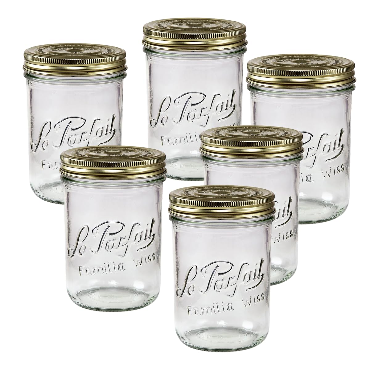 Le Parfait Familia Wiss Terrine Wide Mouth French Glass Jar w/Airtight 2-Piece System Gold Lids | Ideal for Food Storage, Canning, Meal Prep, Cake Jar & DIY Crafts | 24oz Pint/Half (Pack of 6) 750ml