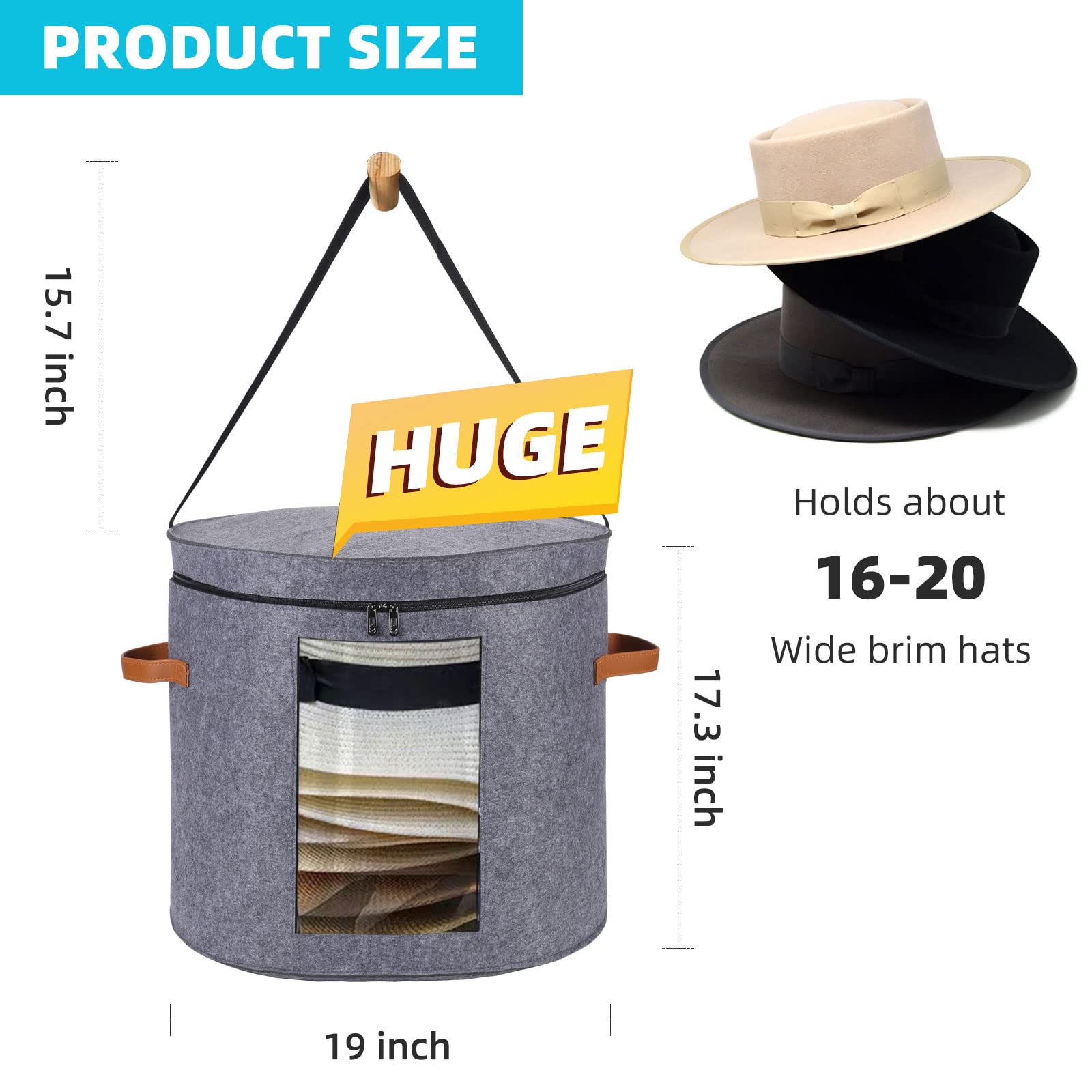 Munskine Huge Hat Boxes For Women Storage Foldable Hat Storage Boxes with Shoulder Strap & 2 Handles - Hat Boxes With Lids - Hat Box With Dustproof Lid Storage Boxes - Light Grey