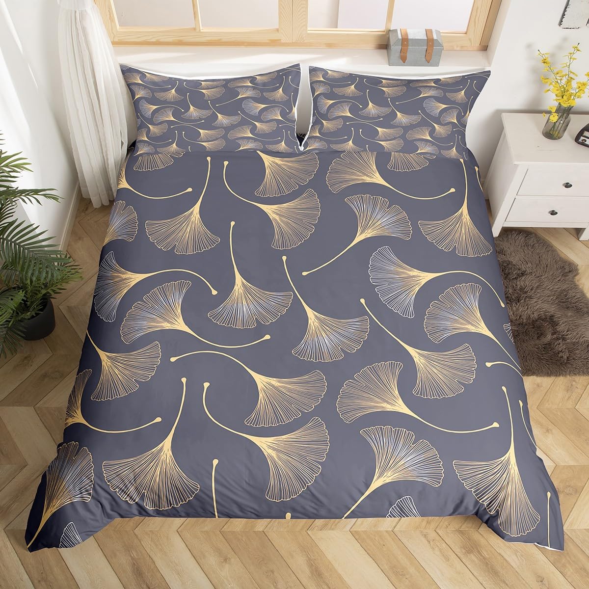 Ginkgo Leaf Duvet Cover Set King Size,Rustic Leaves Autumn Plant Comforter Cover with 2 Pillowcases Bedspread,Nature Botanical Grey Golden Microfiber Quilt Cover for Adult Women,3 Pcs