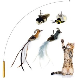 ttcat interactive bird and insect simulation cat toy set with 4 feather refills, 29'' flexible steel wire, sturdy wood handle & bell,cat wand toys for indoor cat and kitten.