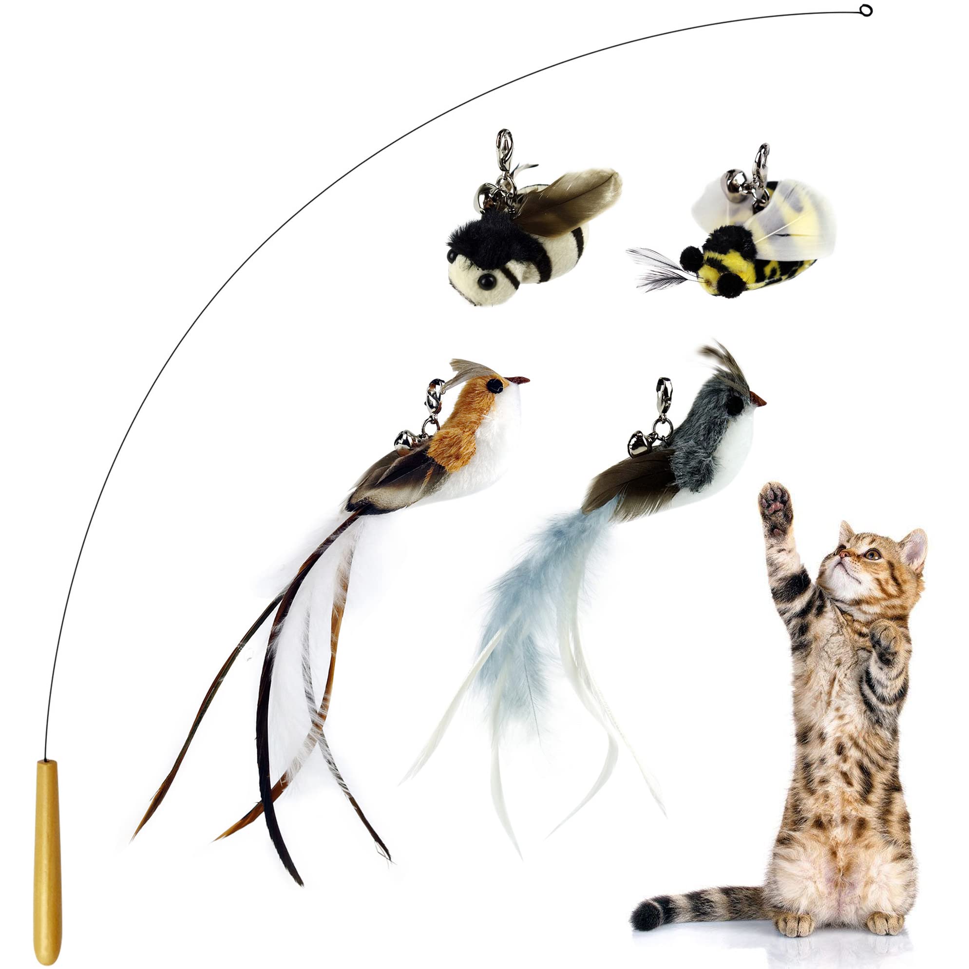 TTcat Interactive Bird and Insect Simulation Cat Toy Set with 4 Feather Refills, 29'' Flexible Steel Wire, Sturdy Wood Handle & Bell,Cat Wand Toys for Indoor Cat and Kitten.