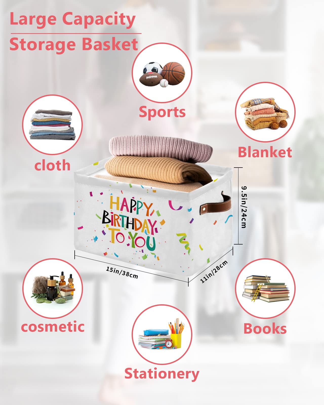 Happy Birthday to YOU Waterproof Fabric Storage Basket for Organizing Bedroom Bathroom Laundry Room Collapsible Storage Bins Birthday Party Gifts Decorative Shelf Basket for Gifts Empty