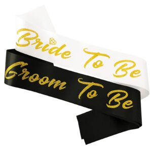 bride and groom to be sash set, white and black satin soft sashes with gold glitter letter for bridal shower engagement bachelorette party decorations supplies