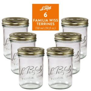 Le Parfait Familia Wiss Terrine Wide Mouth French Glass Jar w/Airtight 2-Piece System Gold Lids | Ideal for Food Storage, Canning, Meal Prep, Cake Jar & DIY Crafts | 24oz Pint/Half (Pack of 6) 750ml