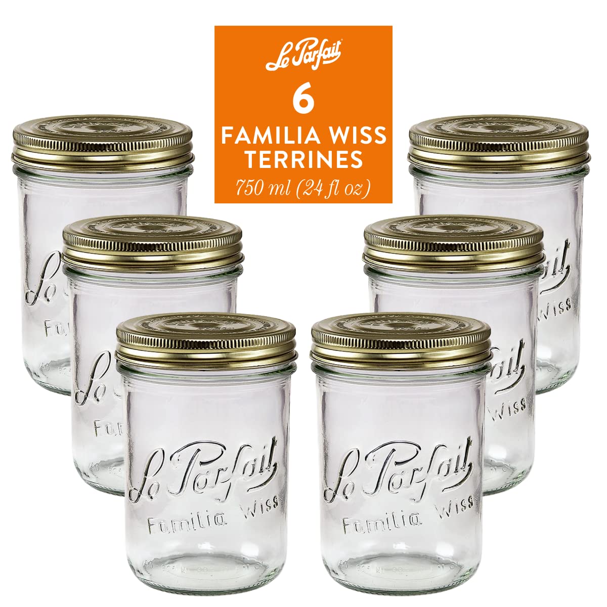 Le Parfait Familia Wiss Terrine Wide Mouth French Glass Jar w/Airtight 2-Piece System Gold Lids | Ideal for Food Storage, Canning, Meal Prep, Cake Jar & DIY Crafts | 24oz Pint/Half (Pack of 6) 750ml