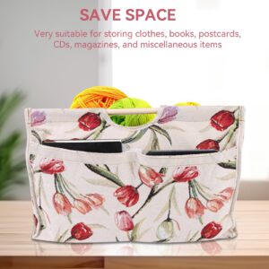 Agatige Knitting Yarn Storage Bag, Wood Handles Knitting Bag Tote Organizer Woven Fabric Storage Bag Travel Yarn Tote Organizer Crochet Bag for Knitting Needles Sewing Tools, 42*30*11cm, Rose Flower