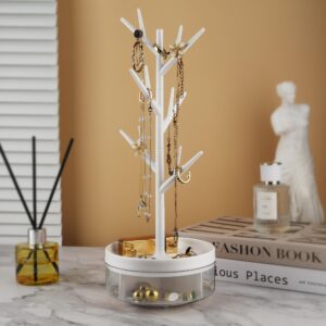 Half Room Branch Jewelry Rack With Rotatable Base and Storage Box Tree Tower Rack Hanging Organizer for Ring Earrings Necklace Bracelet,Suitable for living rooms, bathrooms,offices,etc.