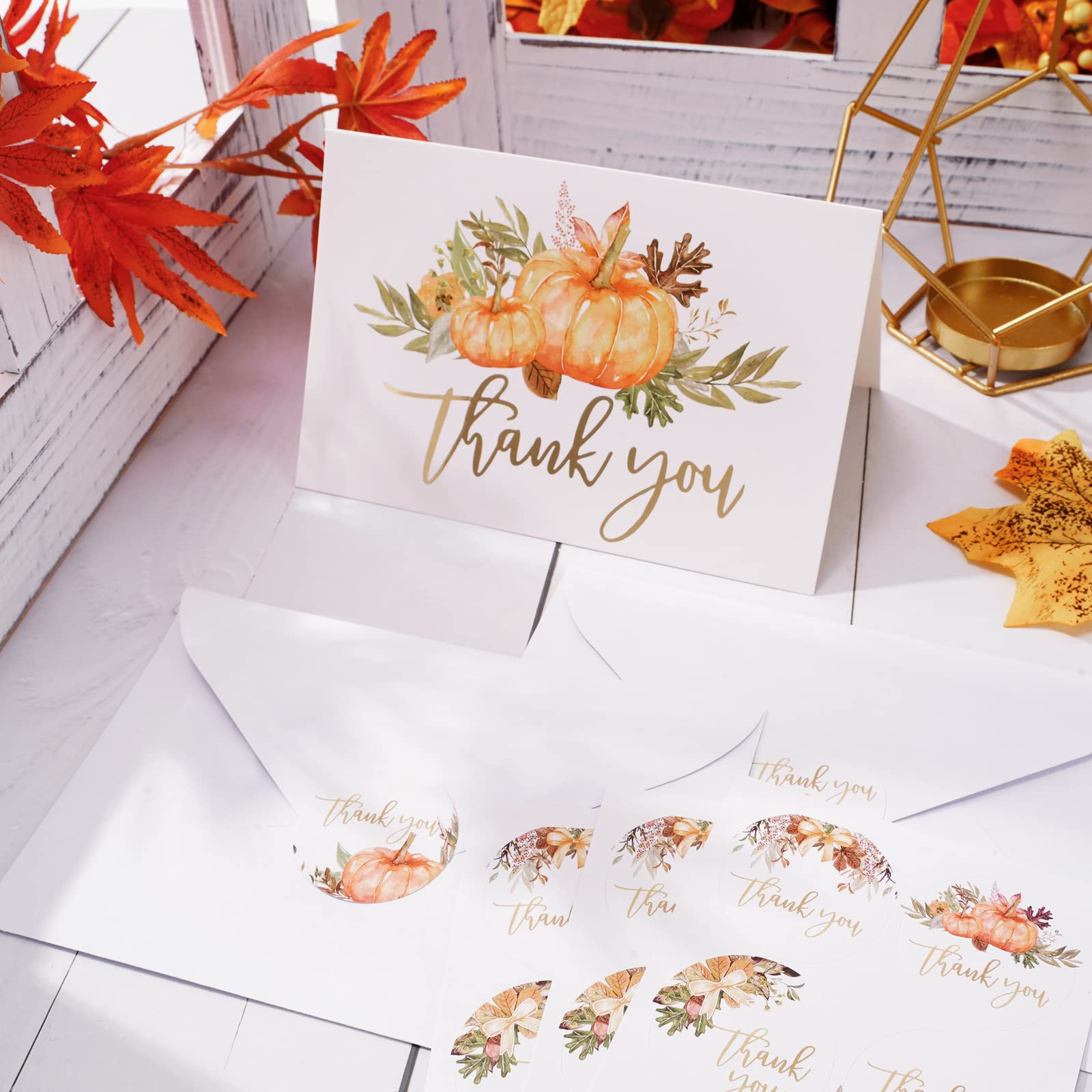 AnyDesign 30 Pack Fall Gold Foil Thank You Cards Bulk Watercolor Maple Leaves Pumpkin Greeting Cards with Envelopes Stickers Blank Note Cards for Autumn Thanksgiving Baby Shower