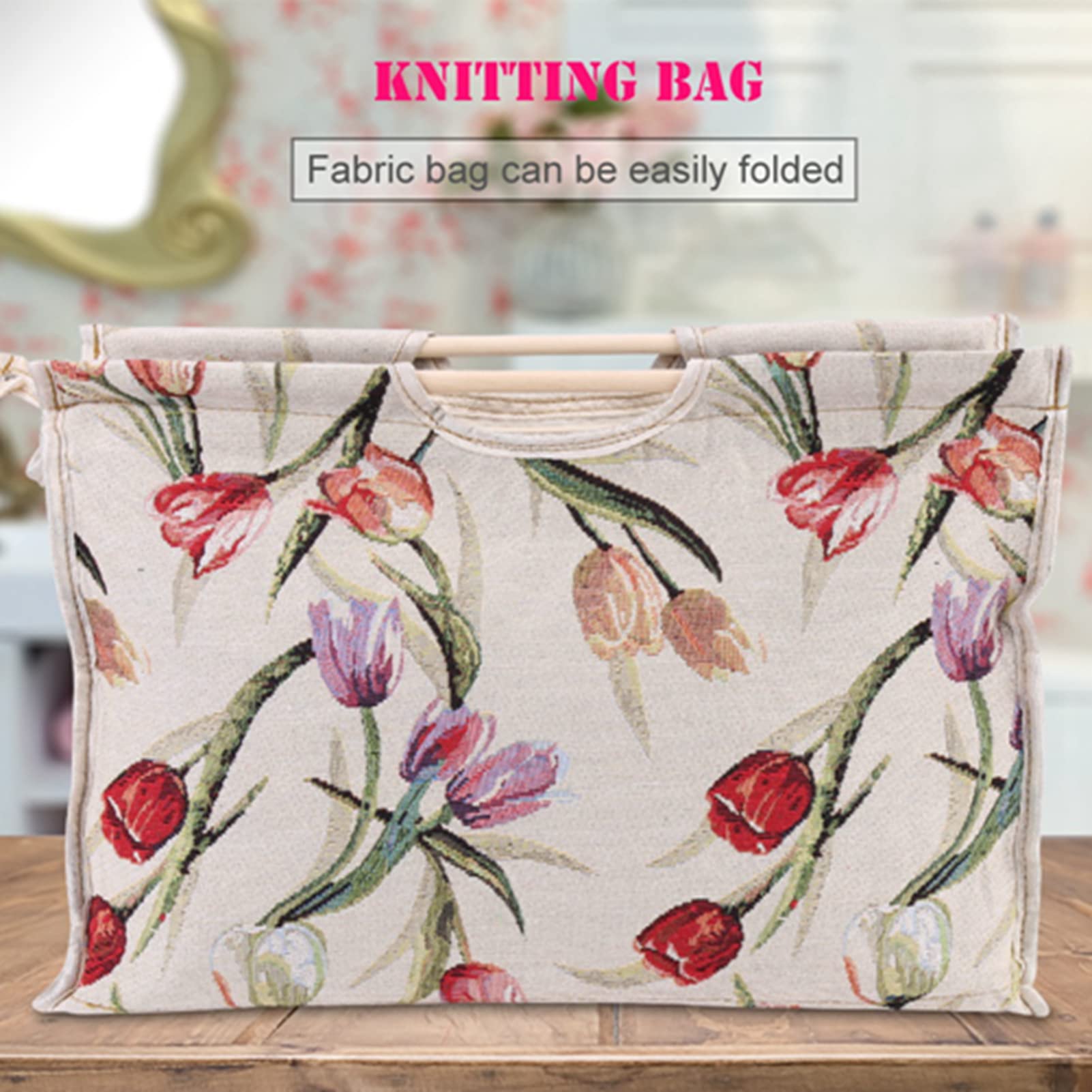 Agatige Knitting Yarn Storage Bag, Wood Handles Knitting Bag Tote Organizer Woven Fabric Storage Bag Travel Yarn Tote Organizer Crochet Bag for Knitting Needles Sewing Tools, 42*30*11cm, Rose Flower