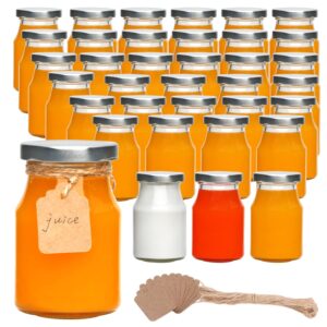 accguan 6oz glass milk bottles,small juice bottles with silver caps,jute twine & tag, glass yogert jars clear glass jars for cake,milk,honey,jam,jelly,spice,wedding favors,shower favors (36 pack)