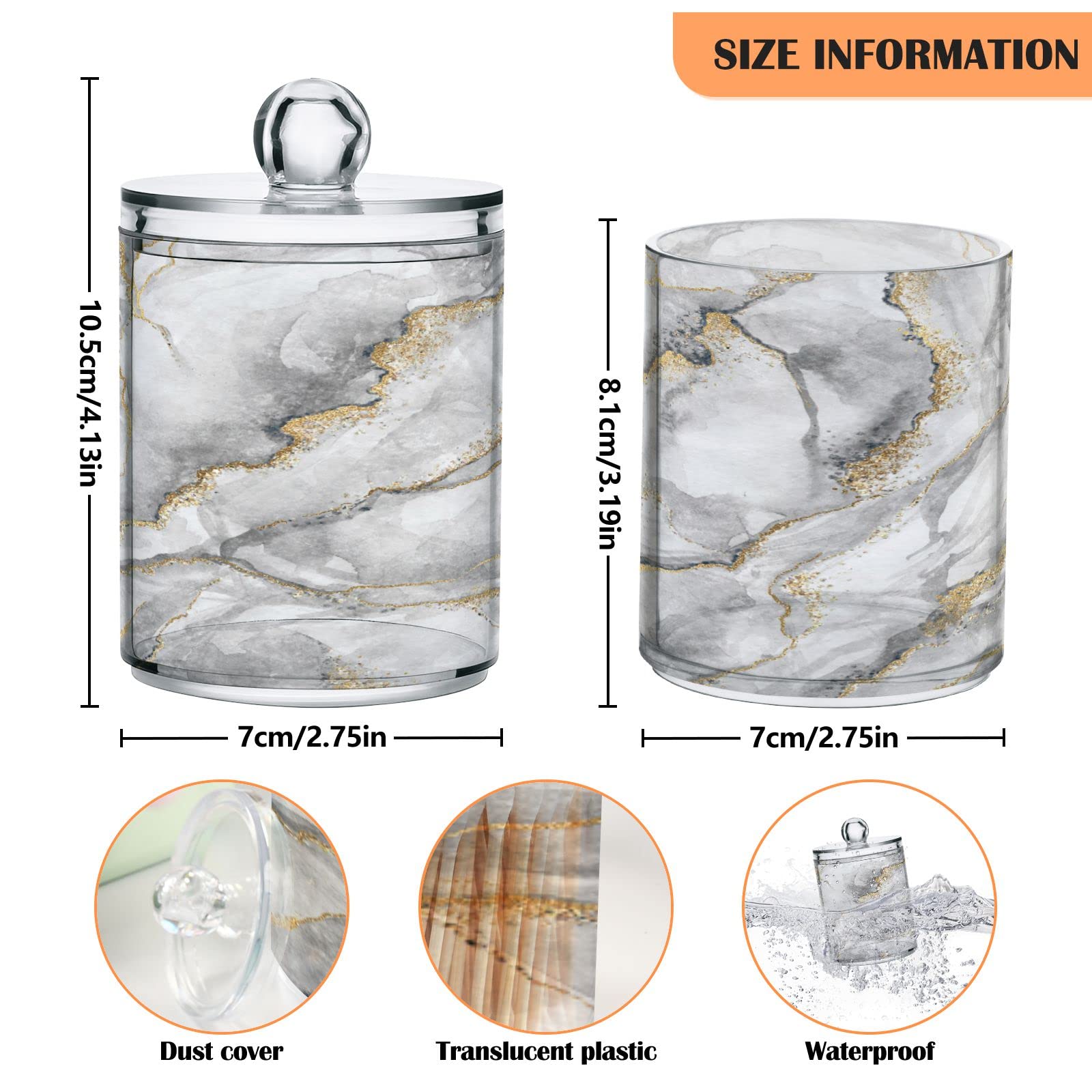 BOENLE 2 Pack Qtip Holder Dispenser White Grey Marble Bathroom Storage Canister Lid Acrylic Plastic Apothecary Jar Set Vanity Makeup Organizer for Cotton Swab/Ball/Round Pads, Floss