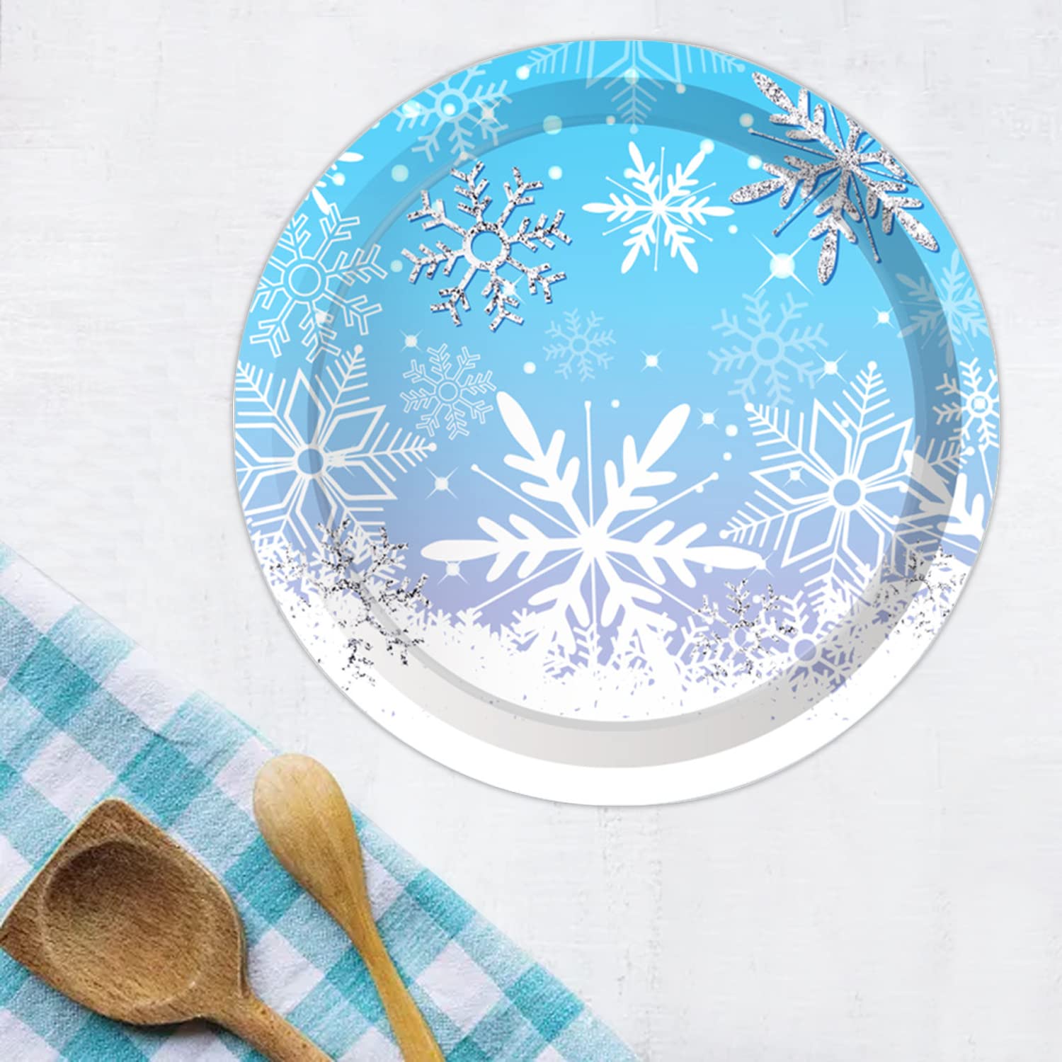 ipalmay Snowflake Party Plates Serves 24, Winter Snow Themed Disposable Paper Plates for Christmas, Holiday Celebration, Baby Shower, Wedding, Bridal Shower, New Year Blue White Party Supply