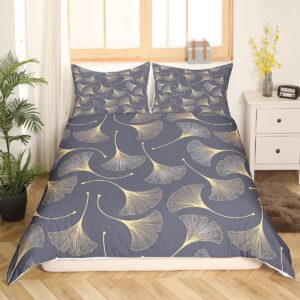 Ginkgo Leaf Duvet Cover Set King Size,Rustic Leaves Autumn Plant Comforter Cover with 2 Pillowcases Bedspread,Nature Botanical Grey Golden Microfiber Quilt Cover for Adult Women,3 Pcs