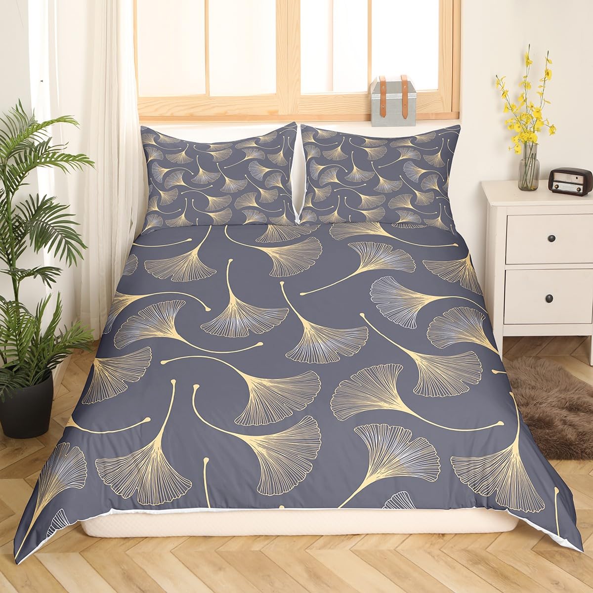 Ginkgo Leaf Duvet Cover Set King Size,Rustic Leaves Autumn Plant Comforter Cover with 2 Pillowcases Bedspread,Nature Botanical Grey Golden Microfiber Quilt Cover for Adult Women,3 Pcs