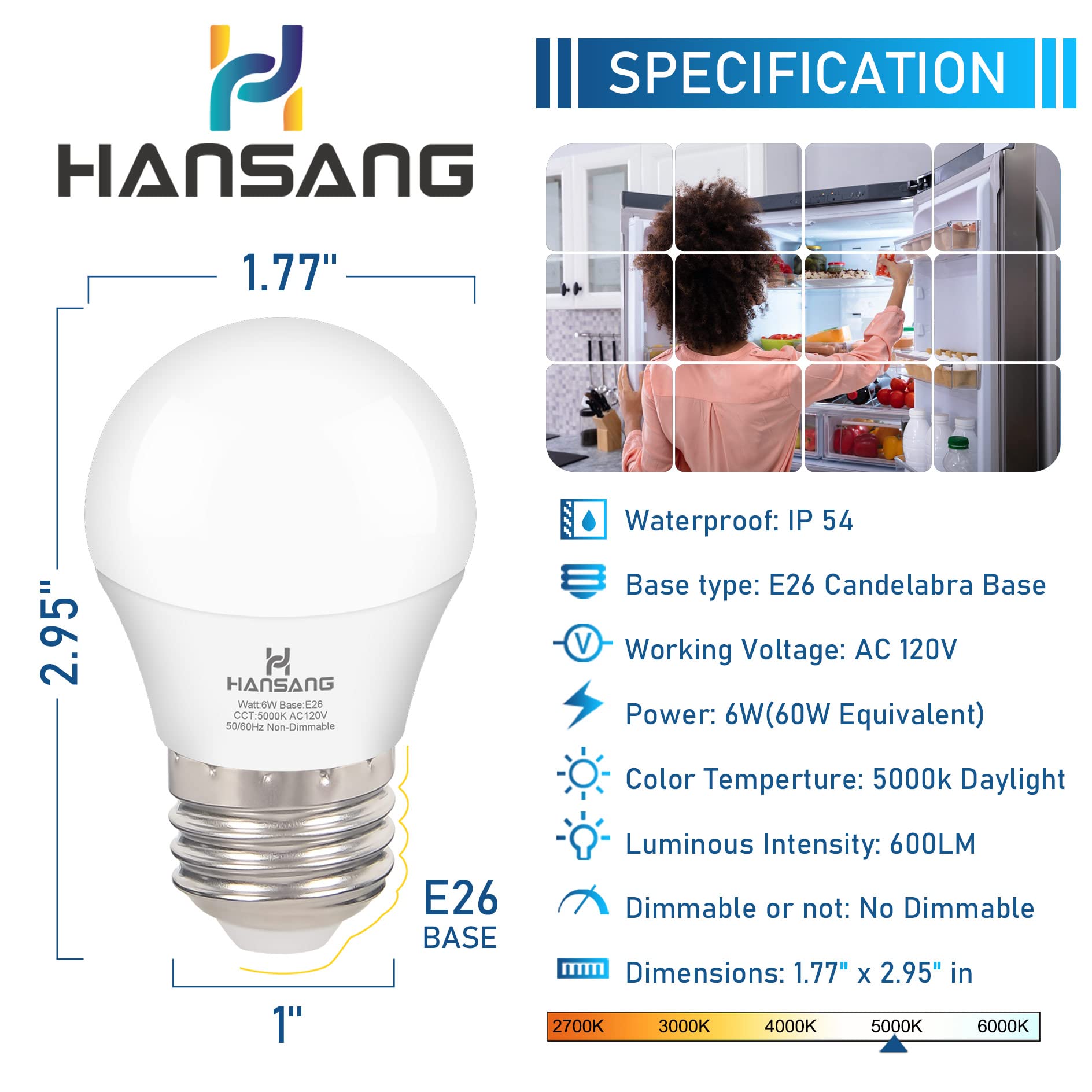 hansang Refrigerator Light Bulb E26 Base, 60Watt Equivalent, 5000K Daylight, Watreproof Appliance Fridge Bulbs, A15 LED Small Light Bulb Frigidaire Freezer Bulbs, 120V, 600LM, 2 Pack, Non-Dimmable