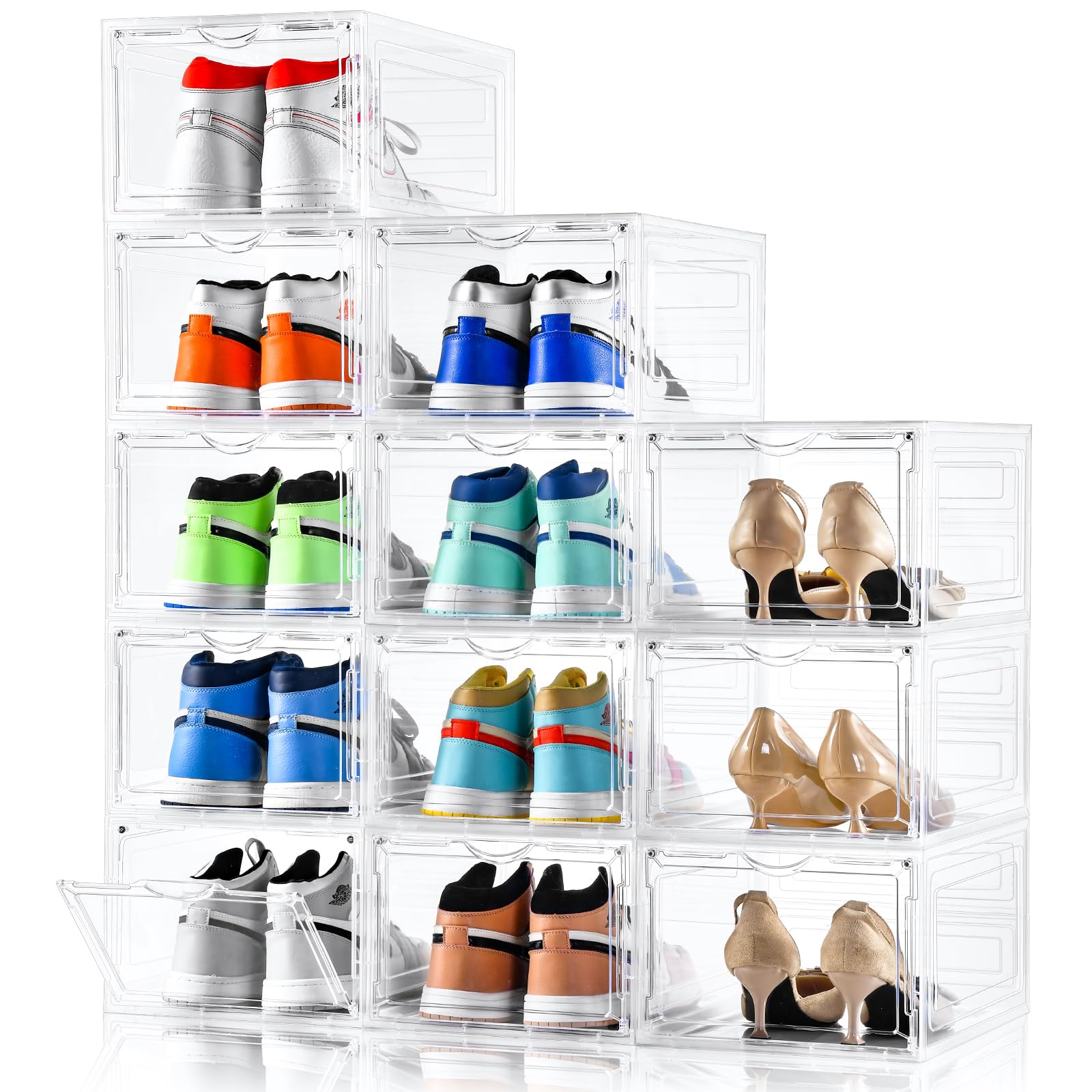 Clemate Upgraded X-Large Shoe Organizer,Shoe Storage Organizer,12 Pack,Shoe Box Clear Plastic Stackable,Drop Front Shoe Box with Clear Door, Shoe Containers For Sneaker Display,Fit up to US Size12