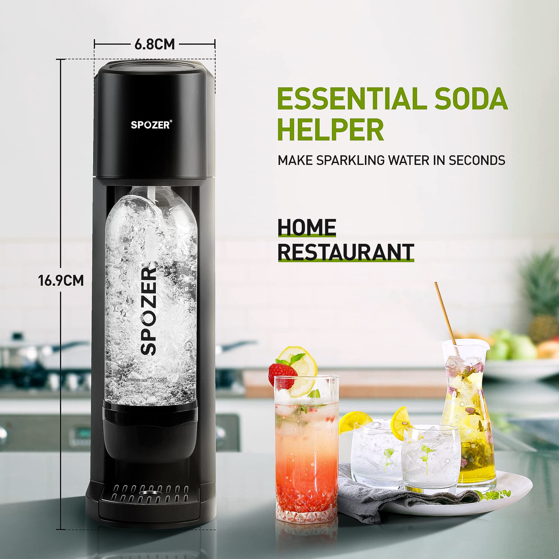 SPOZER Sparkling Water Maker Machine Soda Maker Fizzy Water Maker for Carbonating with 1L Bottle, Compatible with Screw-in 60L CO2 Cylinder