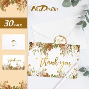 AnyDesign 30 Pack Fall Gold Foil Thank You Cards Bulk Watercolor Maple Leaves Pumpkin Greeting Cards with Envelopes Stickers Blank Note Cards for Autumn Thanksgiving Baby Shower