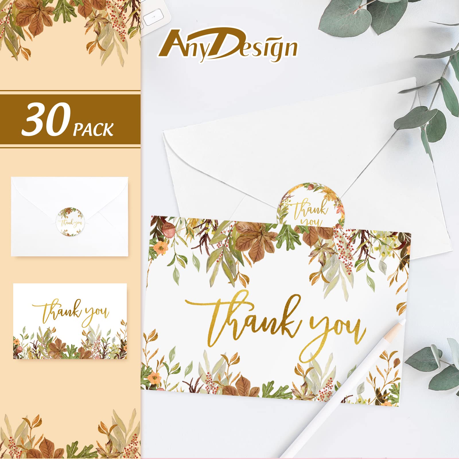 AnyDesign 30 Pack Fall Gold Foil Thank You Cards Bulk Watercolor Maple Leaves Pumpkin Greeting Cards with Envelopes Stickers Blank Note Cards for Autumn Thanksgiving Baby Shower