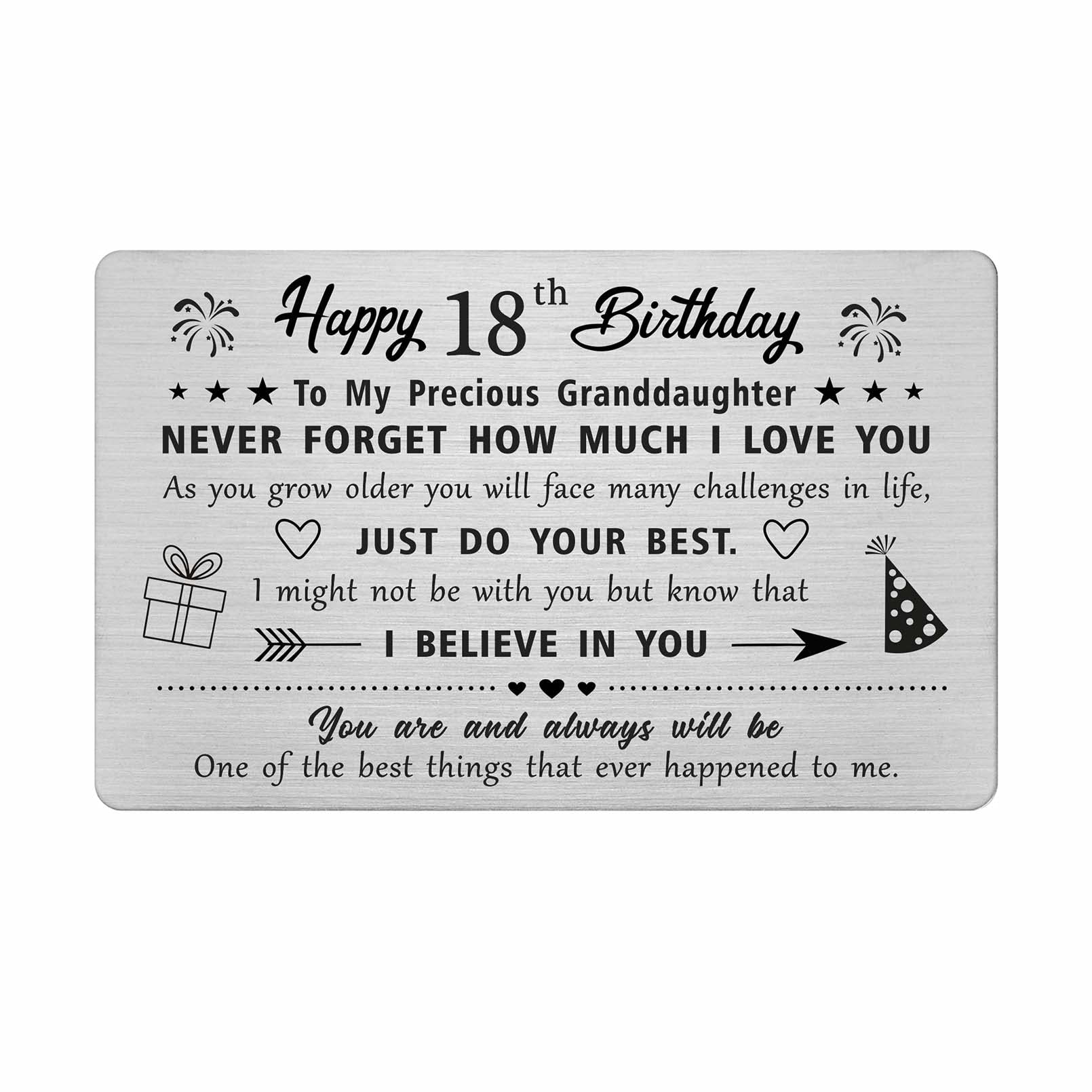 FALOGIJE 18th Birthday Card Gifts for Granddaughter, Birthday Gifts for 18 Year Old Granddaughter, Engraved Metal Wallet Card