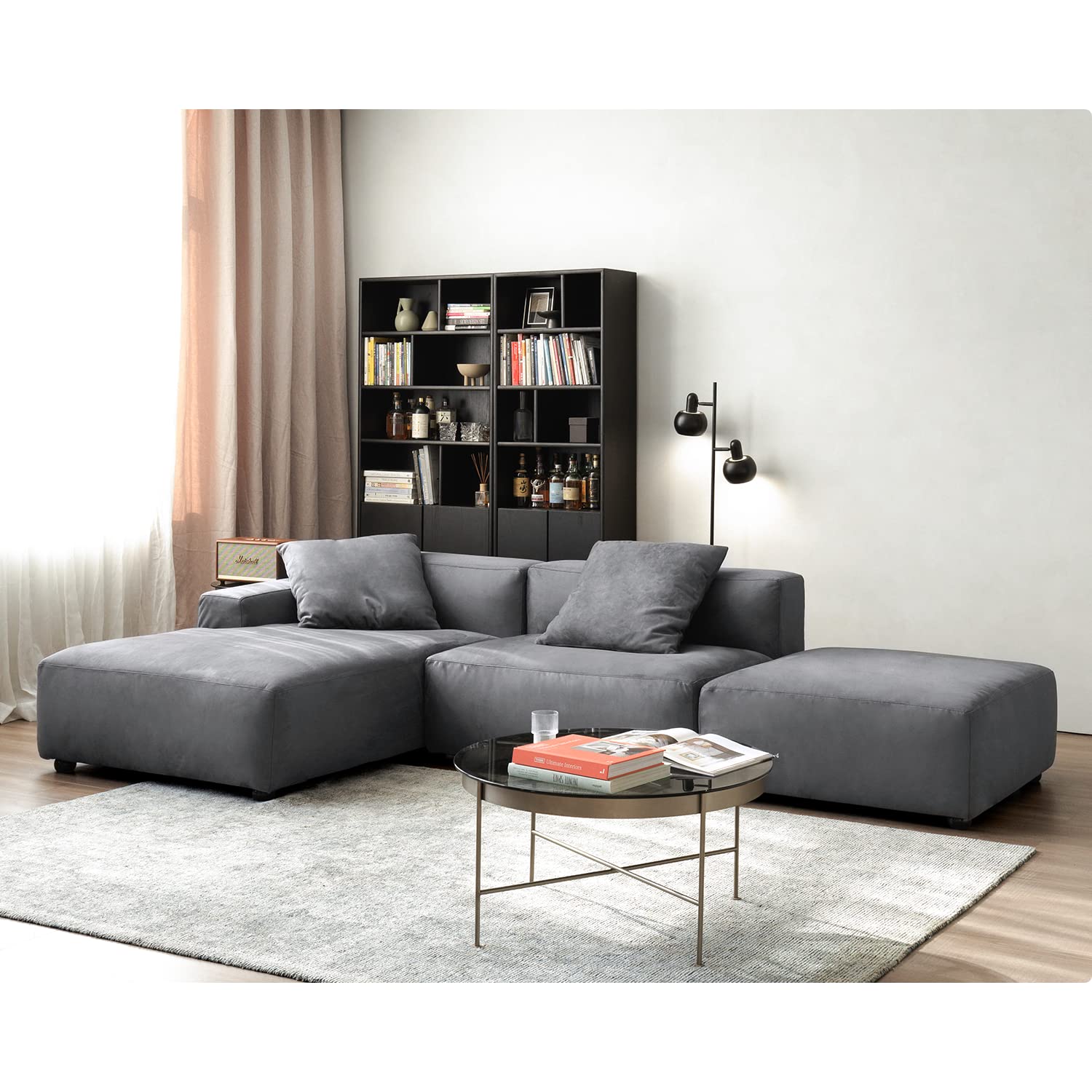 Acanva Luxury Modern Modular L-Shape Sectional Sofa Set, 3 Seat Upholstered Couch with Chaise Lounge for Living Room Bedroom Apartment, Dark Grey