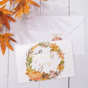 AnyDesign 30 Pack Fall Gold Foil Thank You Cards Bulk Watercolor Maple Leaves Pumpkin Greeting Cards with Envelopes Stickers Blank Note Cards for Autumn Thanksgiving Baby Shower