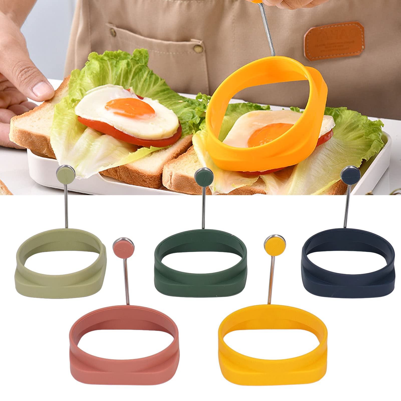 Fdit 5 PCS Silicone Double Sided Egg Frying Rings Quadrate Round Dual Use Omelet Mold with Heat Insulation Handle Creative Cooking Mold