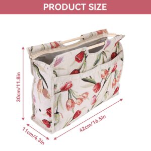 Agatige Knitting Yarn Storage Bag, Wood Handles Knitting Bag Tote Organizer Woven Fabric Storage Bag Travel Yarn Tote Organizer Crochet Bag for Knitting Needles Sewing Tools, 42*30*11cm, Rose Flower