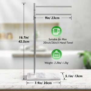 Luxspire Marble Hand Towel Holder, Free Standing Hand Towel Stand, 𝙉𝙖𝙩𝙪𝙧𝙖𝙡 Marble Base Countertop Towel Stand Stainless Steel Swivel Towel Rack for Bathroom Kitchen Countertop, F-Shape