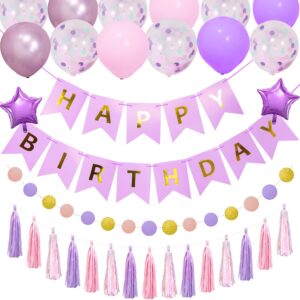 purple birthday decorations for women girls,pink and purple party decorations set with happy birthday banner,circle dots garland,foil confetti balloons and tassel garland.