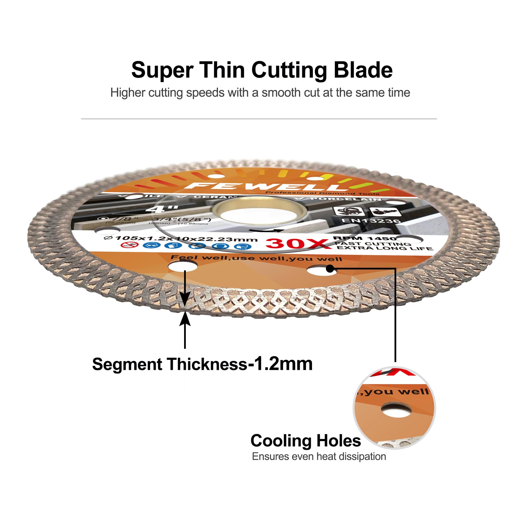 FEWELL 4.5 inch disc Super Thin 1.2mm Diamond Saw Blade, X-Teeth Diamond Dry/Wet Cutting Wheel Blade for Porcelain, Tile and Ceramic (1-Pack)