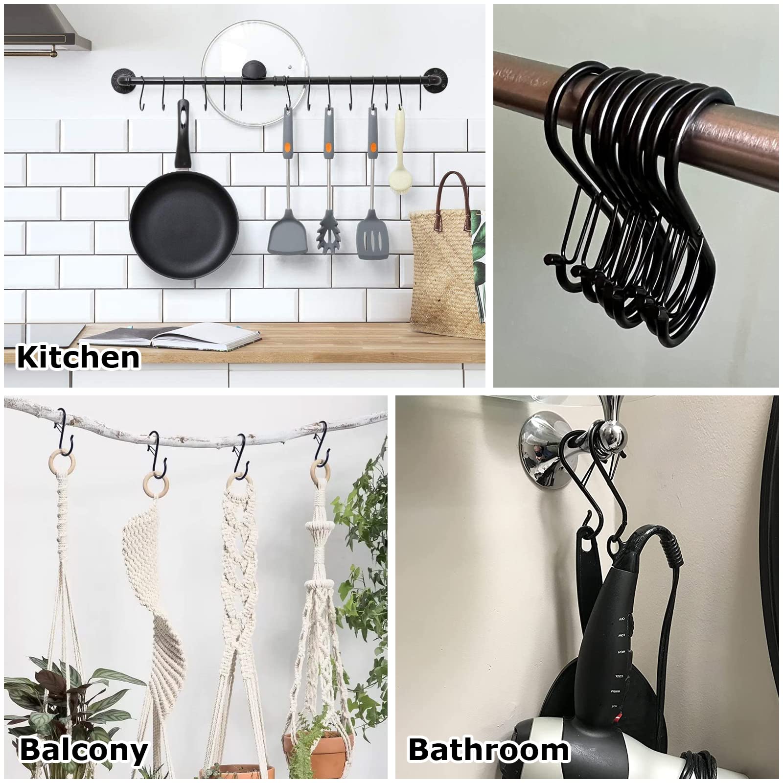 ACXFOND 36PCS S Hooks for Hanging, Black S Hooks with Safety Buckle 3.5 Inch Heavy Duty s Hooks, S Hooks for Hanging Plants, Clothes, Kitchen Utensil, Pots and Pans, Bags