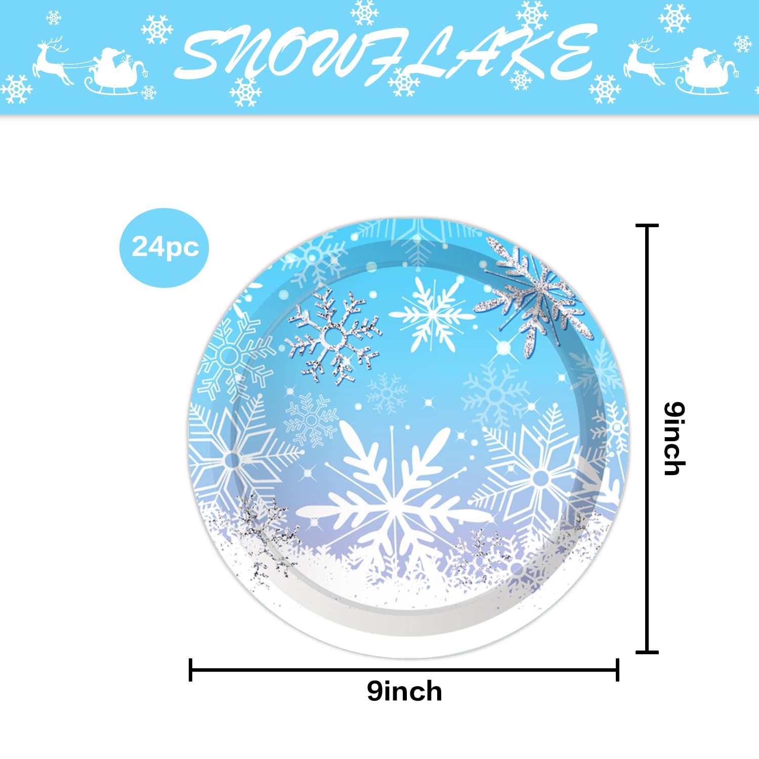 ipalmay Snowflake Party Plates Serves 24, Winter Snow Themed Disposable Paper Plates for Christmas, Holiday Celebration, Baby Shower, Wedding, Bridal Shower, New Year Blue White Party Supply