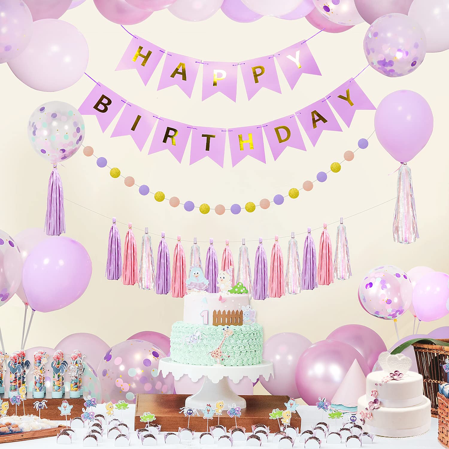 Purple Birthday Decorations for Women Girls,Pink and Purple Party Decorations set with Happy Birthday Banner,Circle Dots Garland,Foil Confetti Balloons and Tassel Garland.