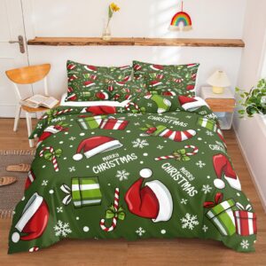 christmas bedding green christmas duvet cover set christmas hat stocking printed xmas festival bedding set queen 1 duvet cover 2 pillowcases (queen, christmas)