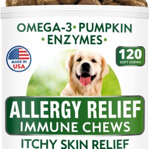 Allergy Relief + Dog Probiotics Chews Bundle - Itchy Skin Relief + Upset Stomach Relief - Omega 3, Pumpkin, Enzymes, Prebiotics - Seasonal Allergies + Improve Digestion - 120 + 120 Chews - Made in USA