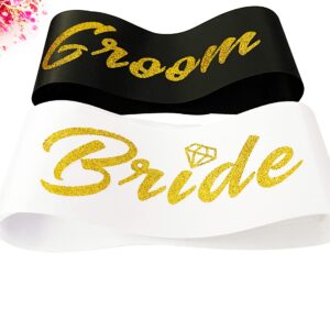 Bride and Groom to Be Sash Set, White and Black Satin Soft Sashes with Gold Glitter Letter for Bridal Shower Engagement Bachelorette Party Decorations Supplies