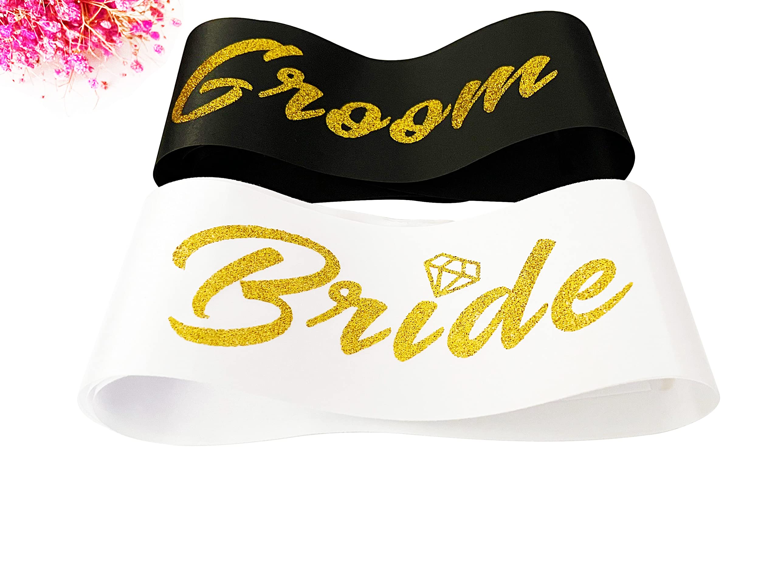 Bride and Groom to Be Sash Set, White and Black Satin Soft Sashes with Gold Glitter Letter for Bridal Shower Engagement Bachelorette Party Decorations Supplies