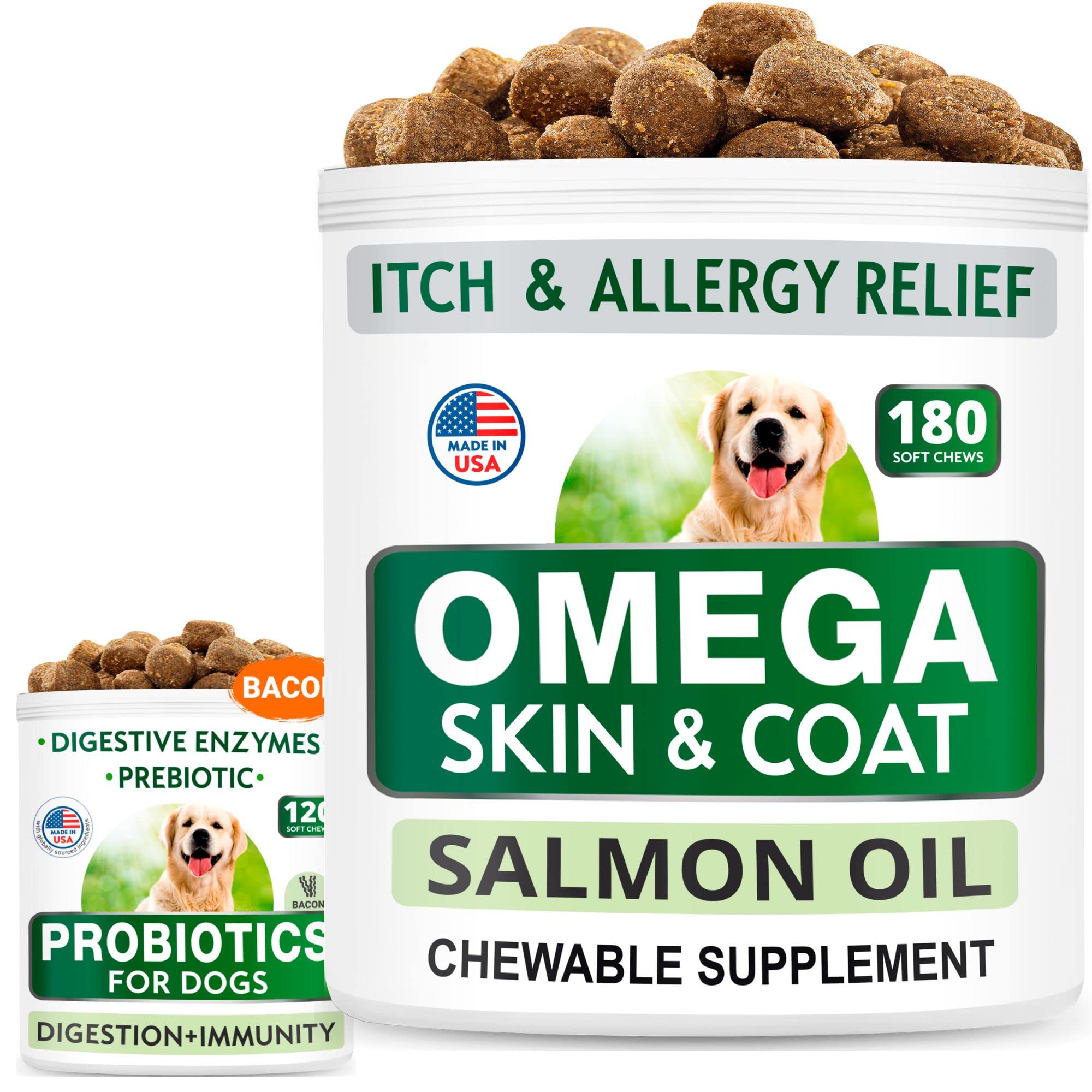 Omega 3 for Dogs + Dog Probiotics Chews Bundle - Itch Relief + Upset Stomach Relief - EPA & DHA Fatty Acids + Enzymes + Prebiotics - Joint Health + Improve Digestion - 120 + 180 Chews - Made in USA